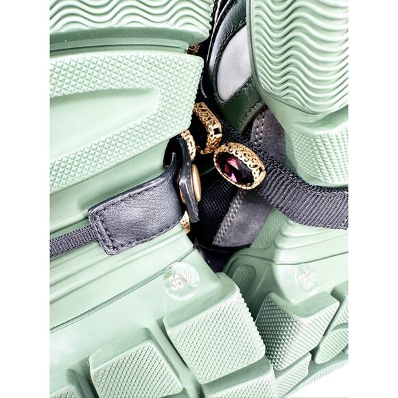 Gucci Flashtrek Chunky Green Gray Leather Crystal Embellished Sneakers Size 36.5 - Picture 6 of 9